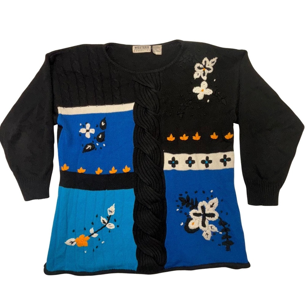 Vintage Western Connection Floral Cable Knit‎ Colorblock Sweater Womens L